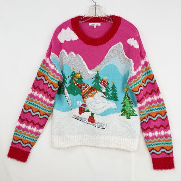 Hooked Up Embellished Ugly Christmas Sweater Pink Multicolor Size M - Picture 5 of 16